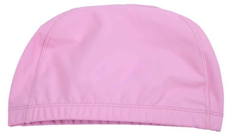 A pink waterproof swim cap for long hair protection shown from the side.