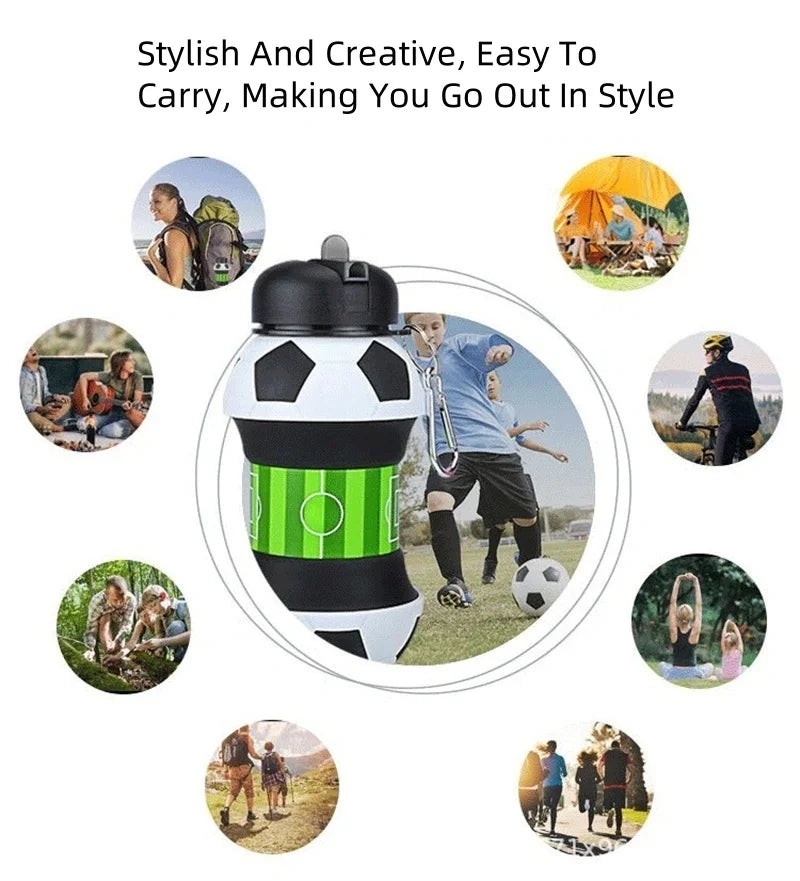 A stylish and creative leakproof silicone sports water bottle shown with various outdoor activities.