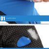 Close-up view of blue elastic leica and black shockproof palm pad fingerless gloves.