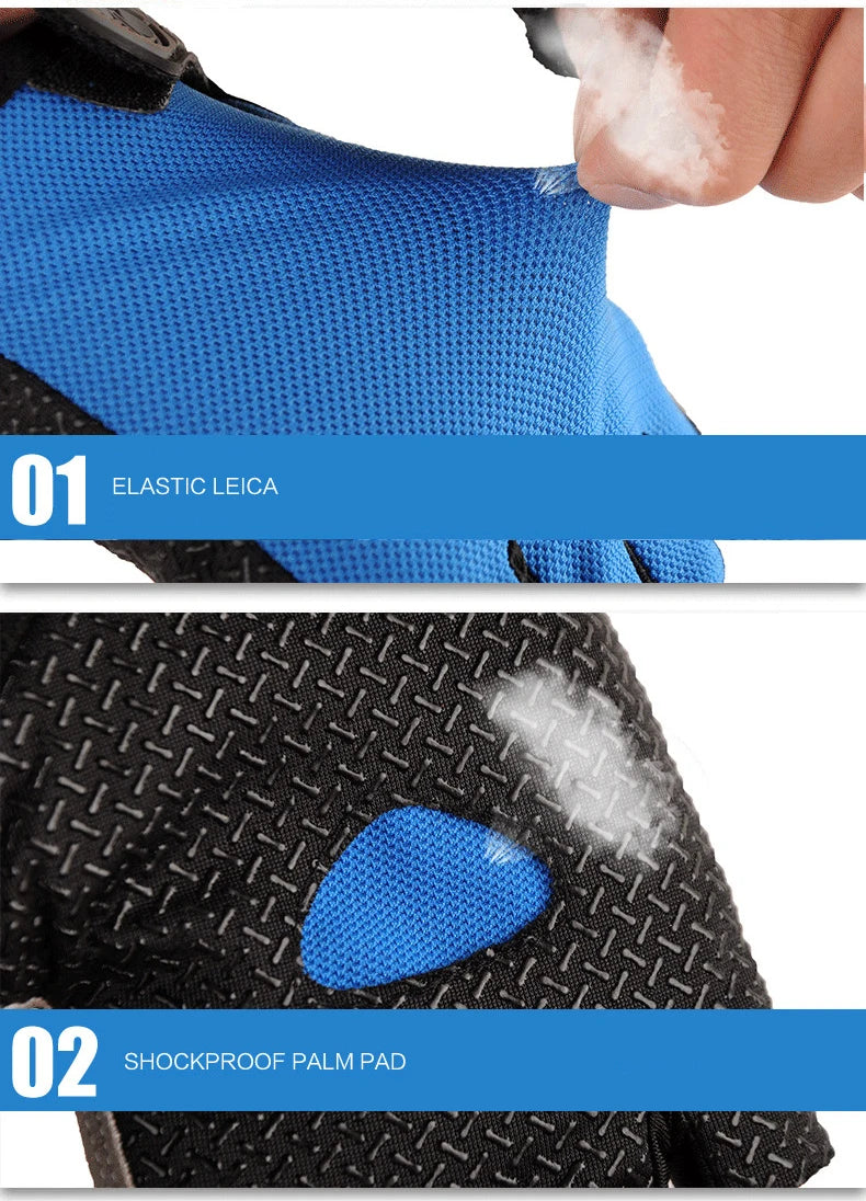 Close-up view of blue elastic leica and black shockproof palm pad fingerless gloves.