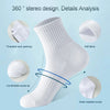 White crew socks shown in a 360 degree design, highlighting features like threaded openings and soft fabric.