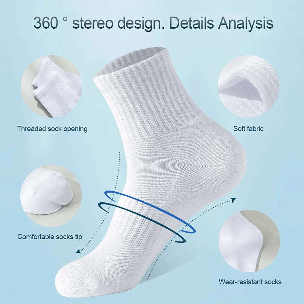 White crew socks shown in a 360 degree design, highlighting features like threaded openings and soft fabric.