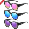 Three pairs of round UV400 sunglasses in various colors displayed against a white background.