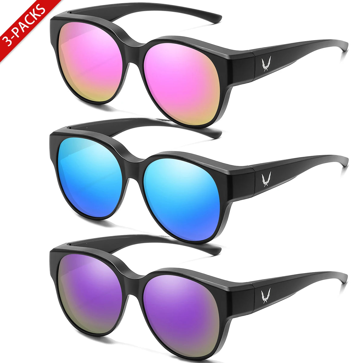 Three pairs of round UV400 sunglasses in various colors displayed against a white background.