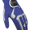 A dark blue performance golf grip glove with silver accents and a black logo patch.