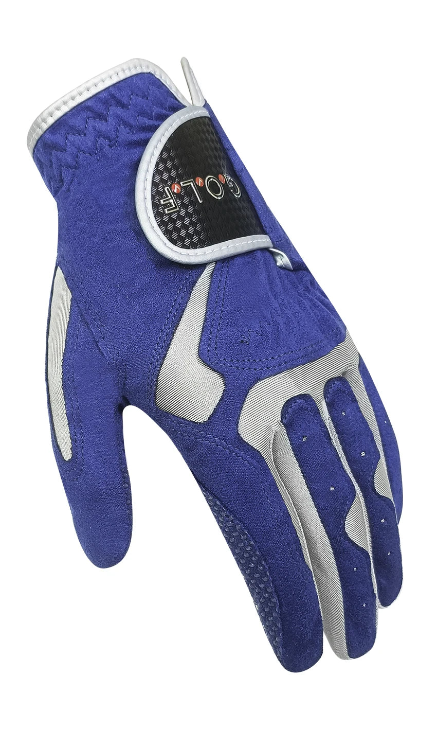A dark blue performance golf grip glove with silver accents and a black logo patch.