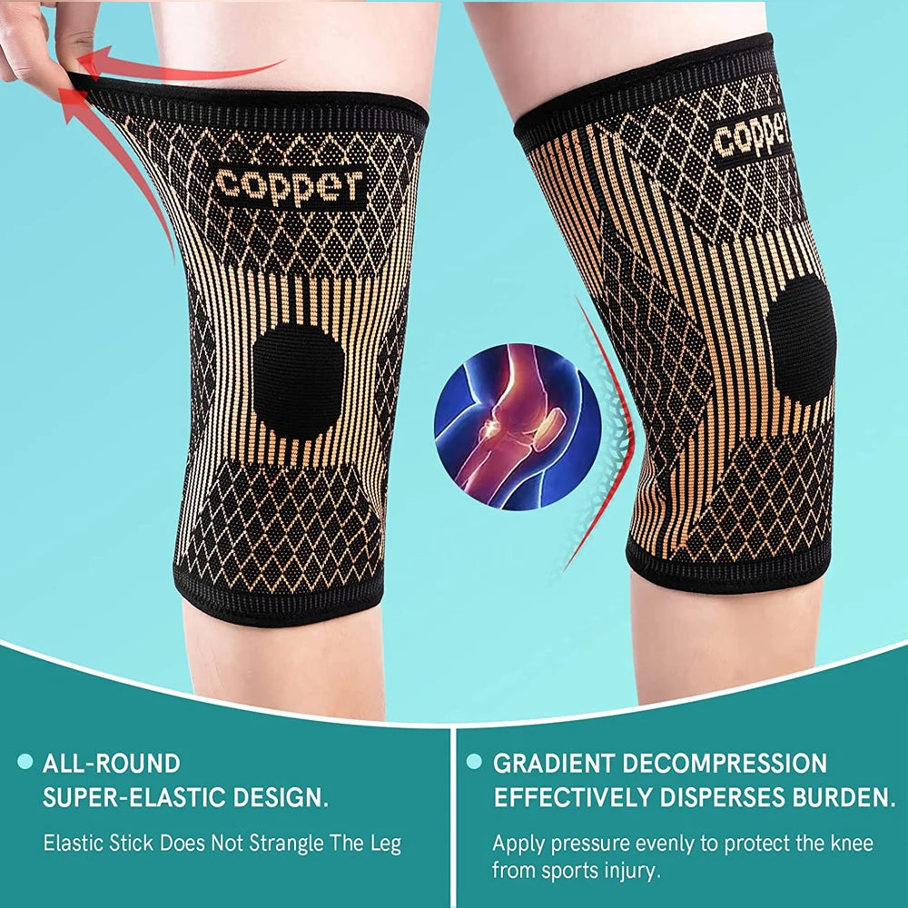 A pair of black copper ion knee support sleeves shown on a leg, demonstrating the elastic design and gradient decompression.