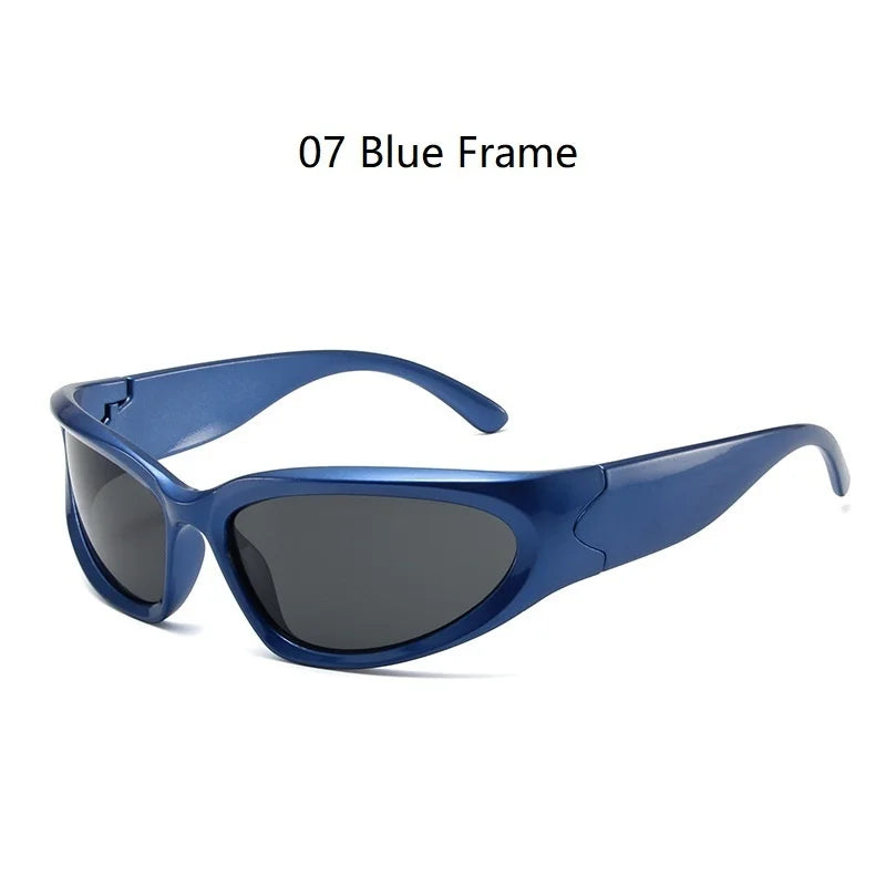 A pair of blue frame sunglasses with dark lenses shown against a white background.