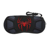 Black neoprene pouch with a red spider web design and a black strap.
