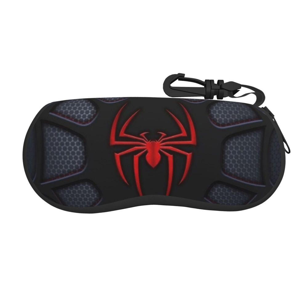 Black neoprene pouch with a red spider web design and a black strap.