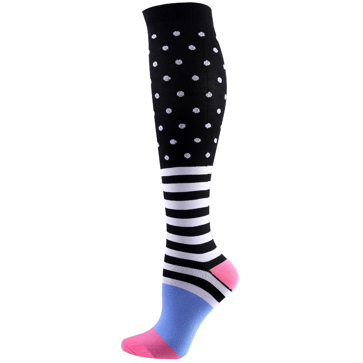 Black and white compression socks with a pink and blue toe section