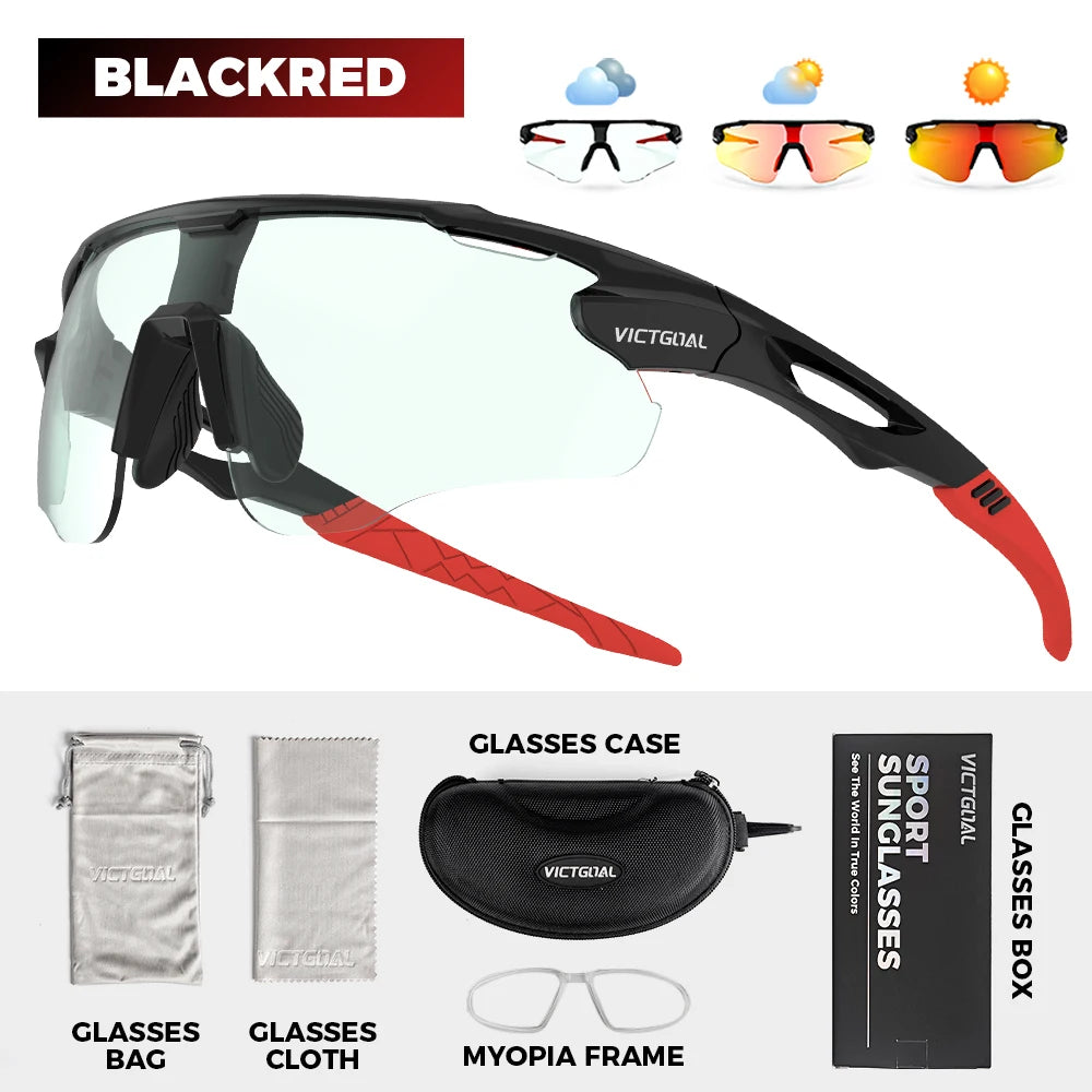 A black photochromic sports sunglasses frame and accessories including a glasses case, cloth, and myopia frame.