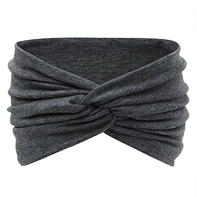 Gray knitted yoga headband with a folded design