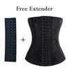 Black body shaper waist trainer corset with a free extender shown next to the main product.
