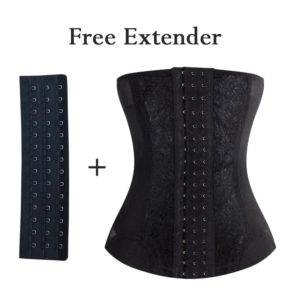 Black body shaper waist trainer corset with a free extender shown next to the main product.