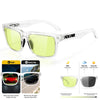 Clear plastic photochromic sunglasses with green tint shown in various light conditions