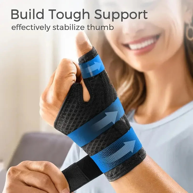 A woman is wearing a blue and black therapeutic thumb brace on her hand, demonstrating its use for support.