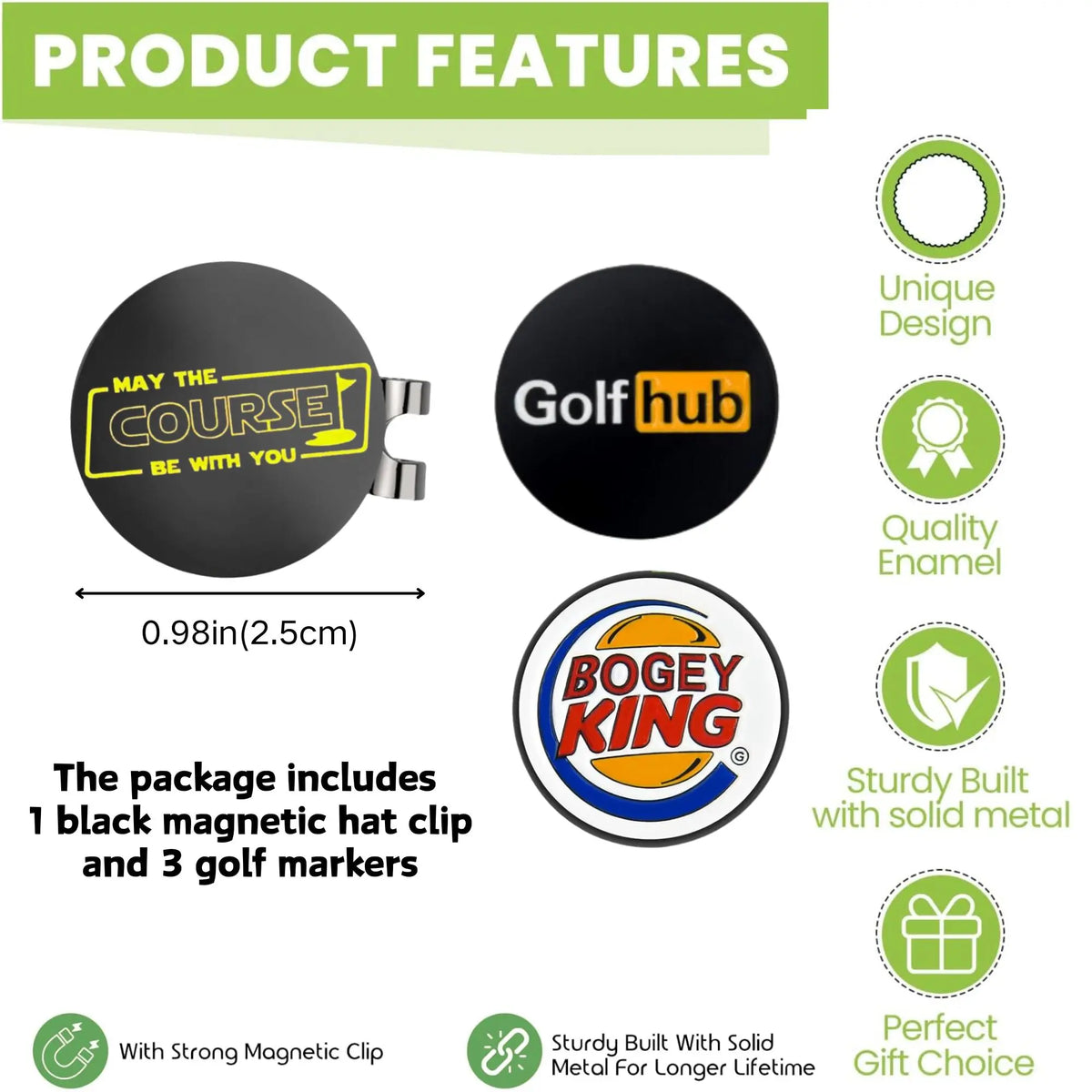 Black magnetic golf ball hat clips with markers and a gift box