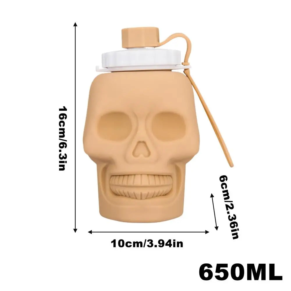 A beige skull design leakproof foldable sports water bottle with a screw cap and straw.