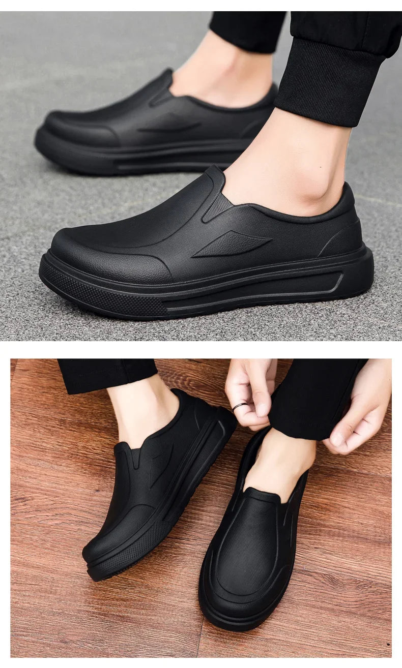 Black men's anti-slip oil-resistant kitchen clogs shown from the side and top view.