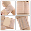 Close-up images showing an adjustable elastic wrist support brace in beige fabric on a hand and forearm.