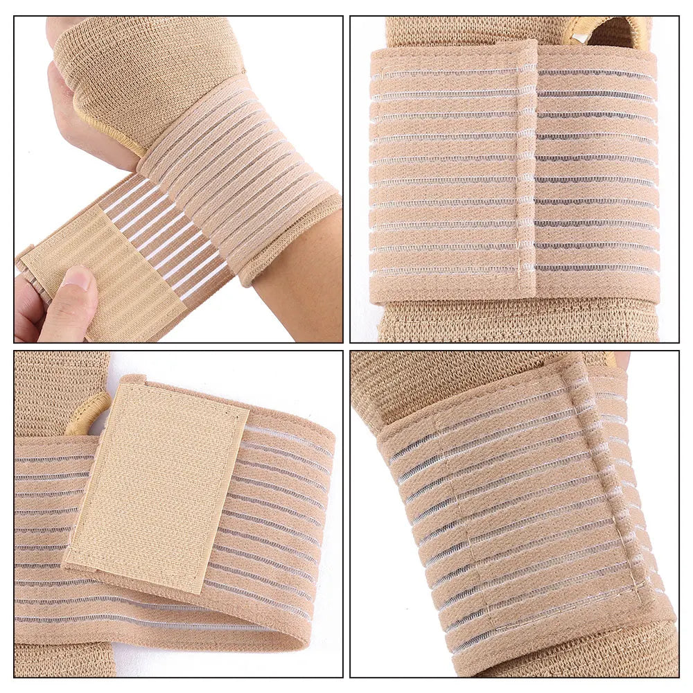 Close-up images showing an adjustable elastic wrist support brace in beige fabric on a hand and forearm.