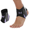 Black and purple compression ankle support foot sleeves worn on a person's foot.