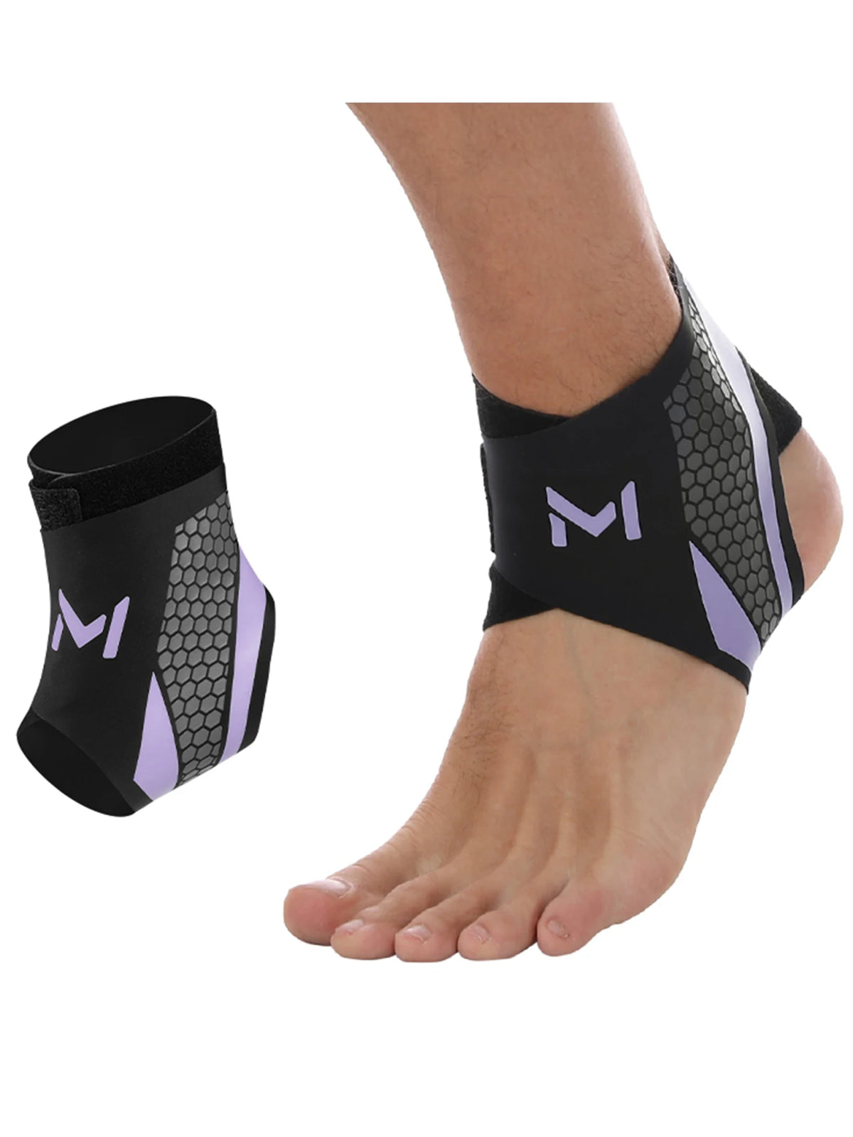Black and purple compression ankle support foot sleeves worn on a person's foot.