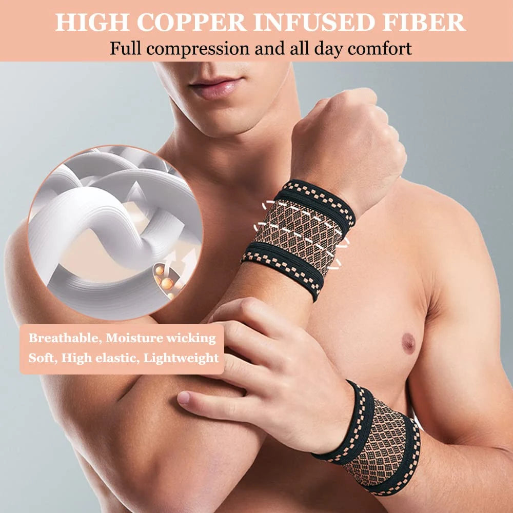 A man wearing a copper infused fiber compression wrist sleeve for pain relief on his arm.