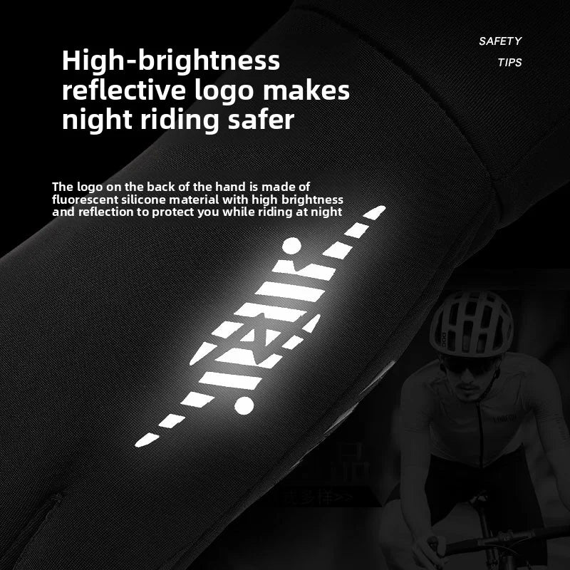 Close-up of a black glove showing a bright reflective logo design for night riding safety