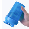 A hand is holding a transparent blue leakproof protein shaker bottle.