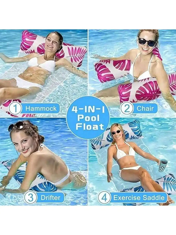 Four types of inflatable pool floats including a hammock, chair, drifter, and exercise saddle for swimming