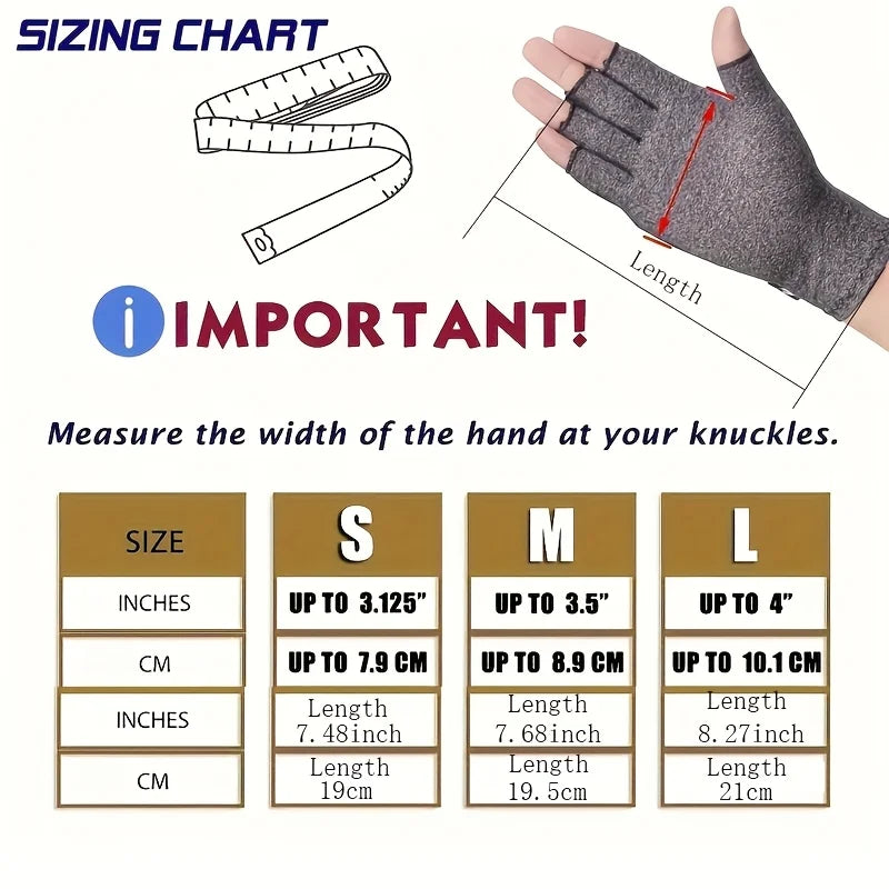 Sizing chart showing measurements in inches, centimeters, and length for small, medium, and large fingerless gloves.