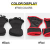 Two colors of adjustable workout wrist wraps shown in black and red.