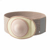 A beige and light pink adjustable abdominal support belt with a round padded insert.