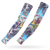 A pair of long sleeve arm sleeves featuring colorful illustrations of motorcycles and characters for sun protection.