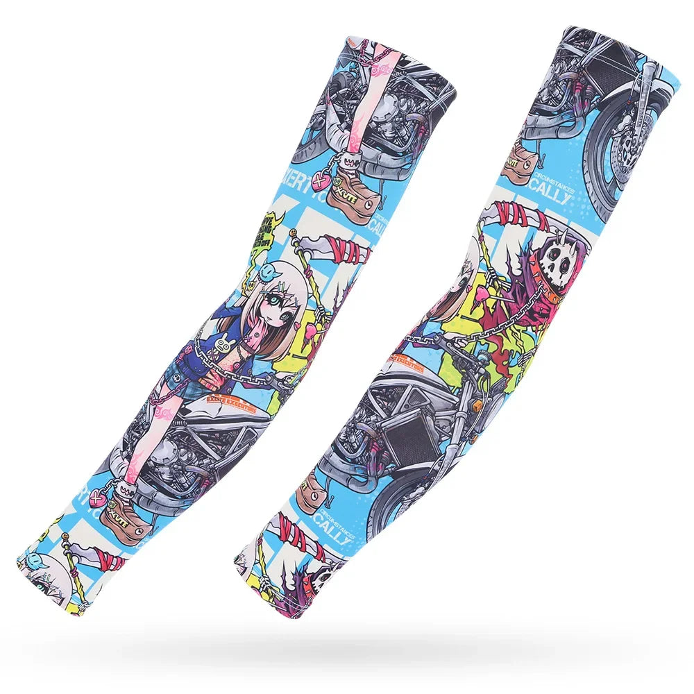 A pair of long sleeve arm sleeves featuring colorful illustrations of motorcycles and characters for sun protection.