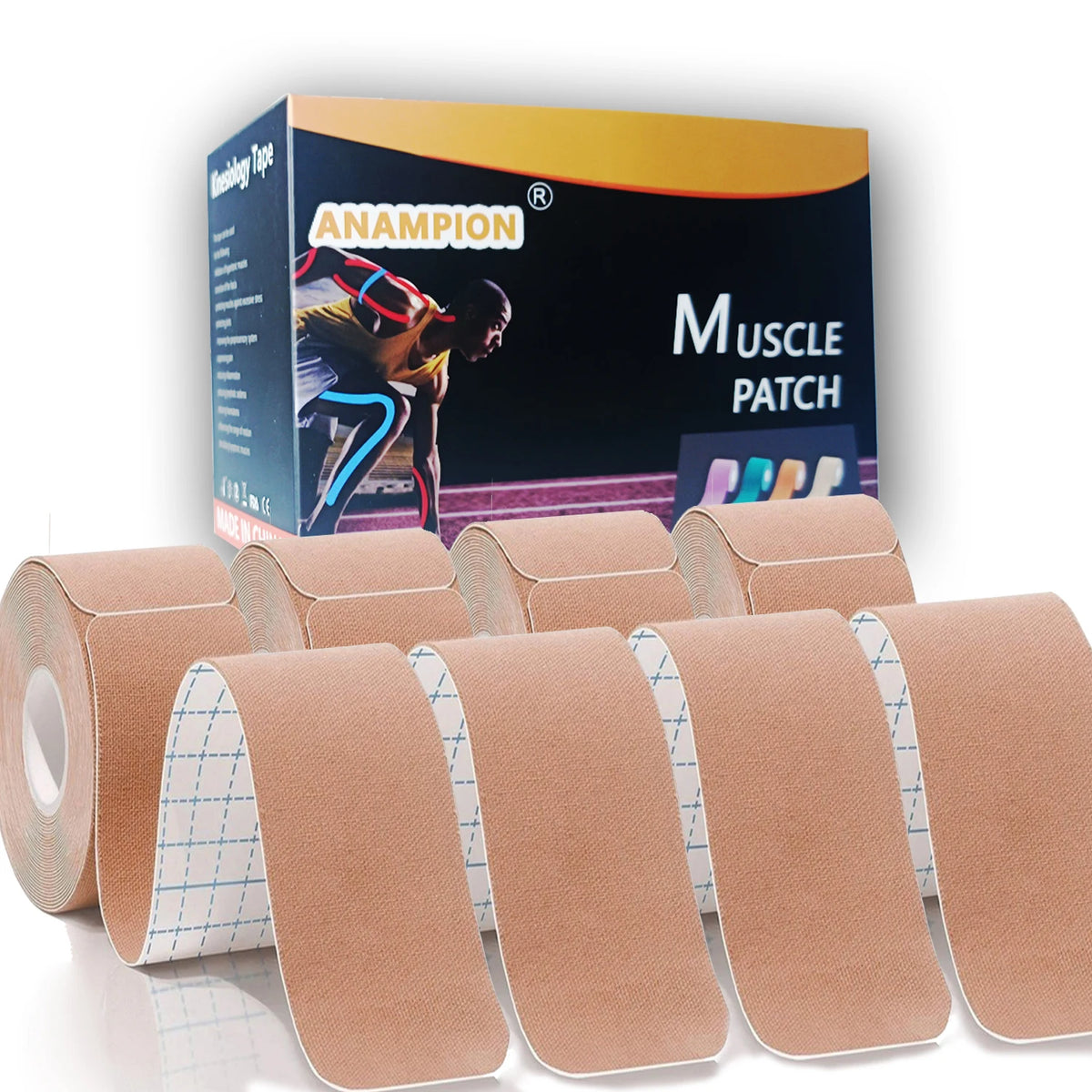 Box and rolls of Anampion muscle patch kinesiology tape for athletic support