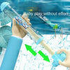 A hand holds a blue water gun with a green firing mechanism, demonstrating easy play.