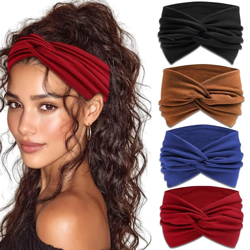 Collage de cinco bandas para el cabello de tela en rojo, marrón y azul contra un fondo oscuro.