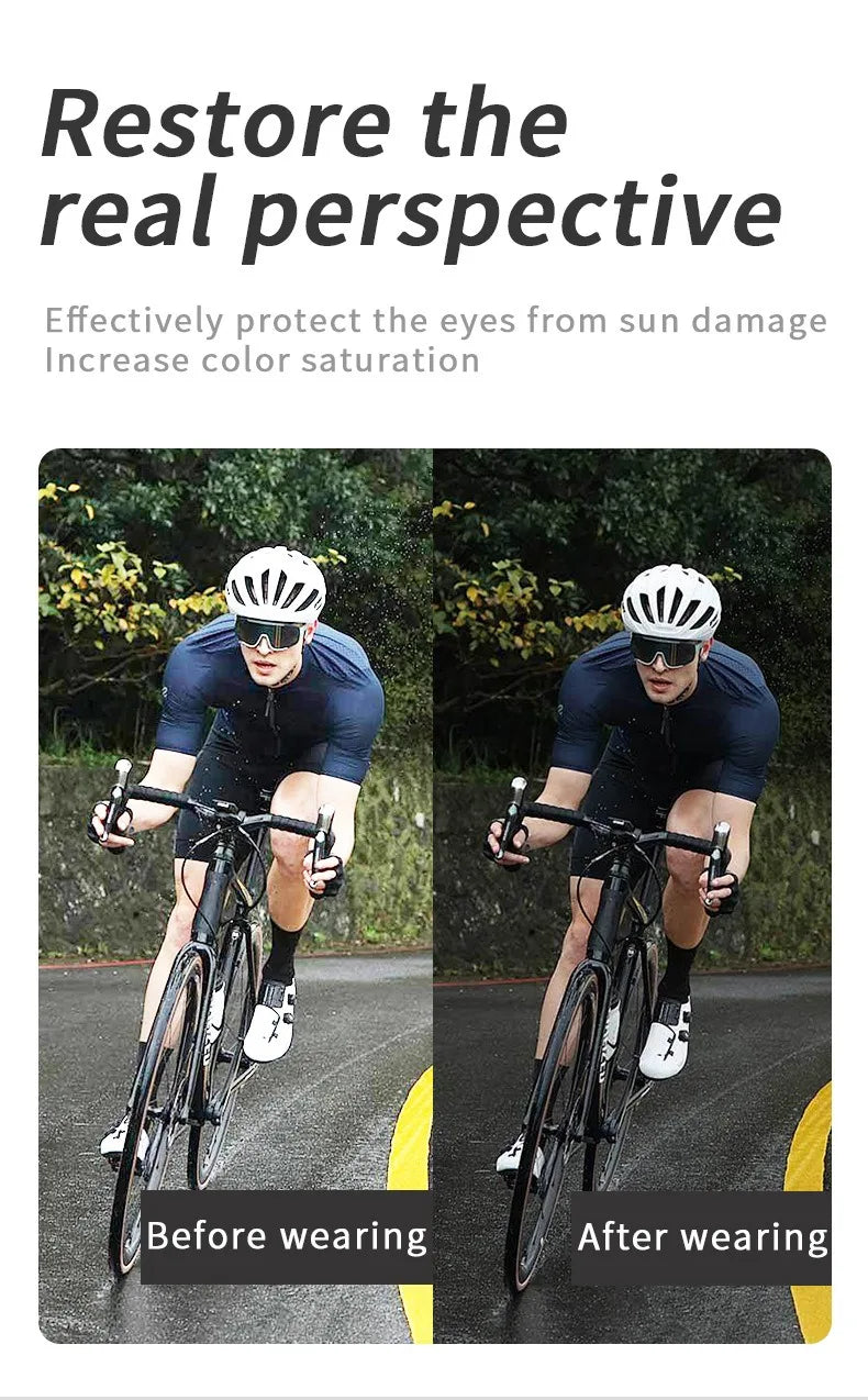 Before and after comparison of polarized cycling sunglasses showing increased color saturation.