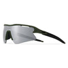 A pair of olive green and gray sports sunglasses for cycling and running.