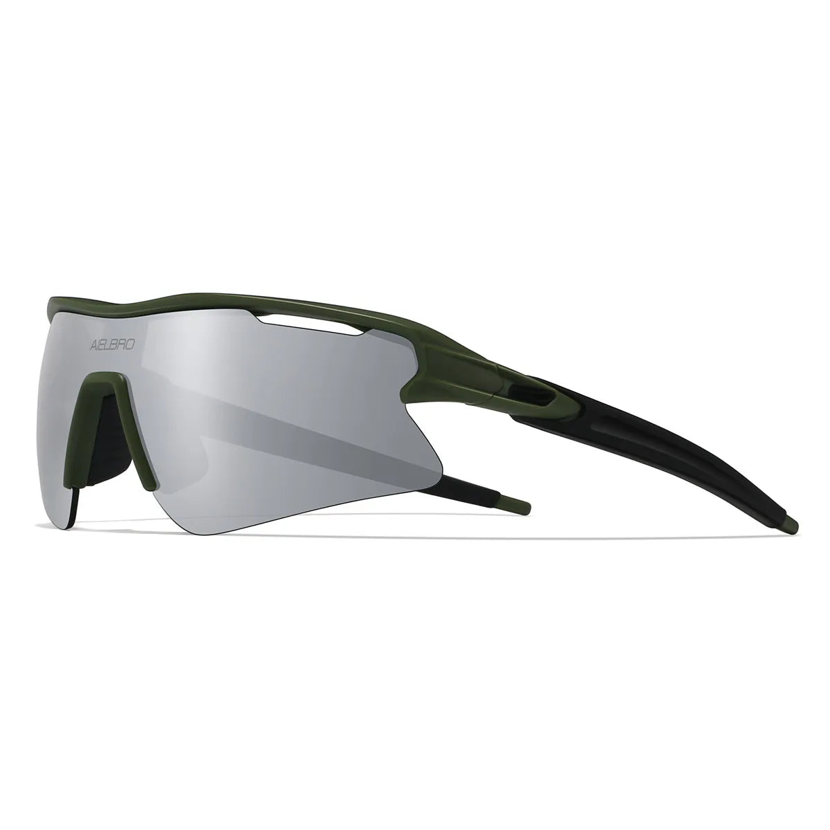 A pair of olive green and gray sports sunglasses for cycling and running.