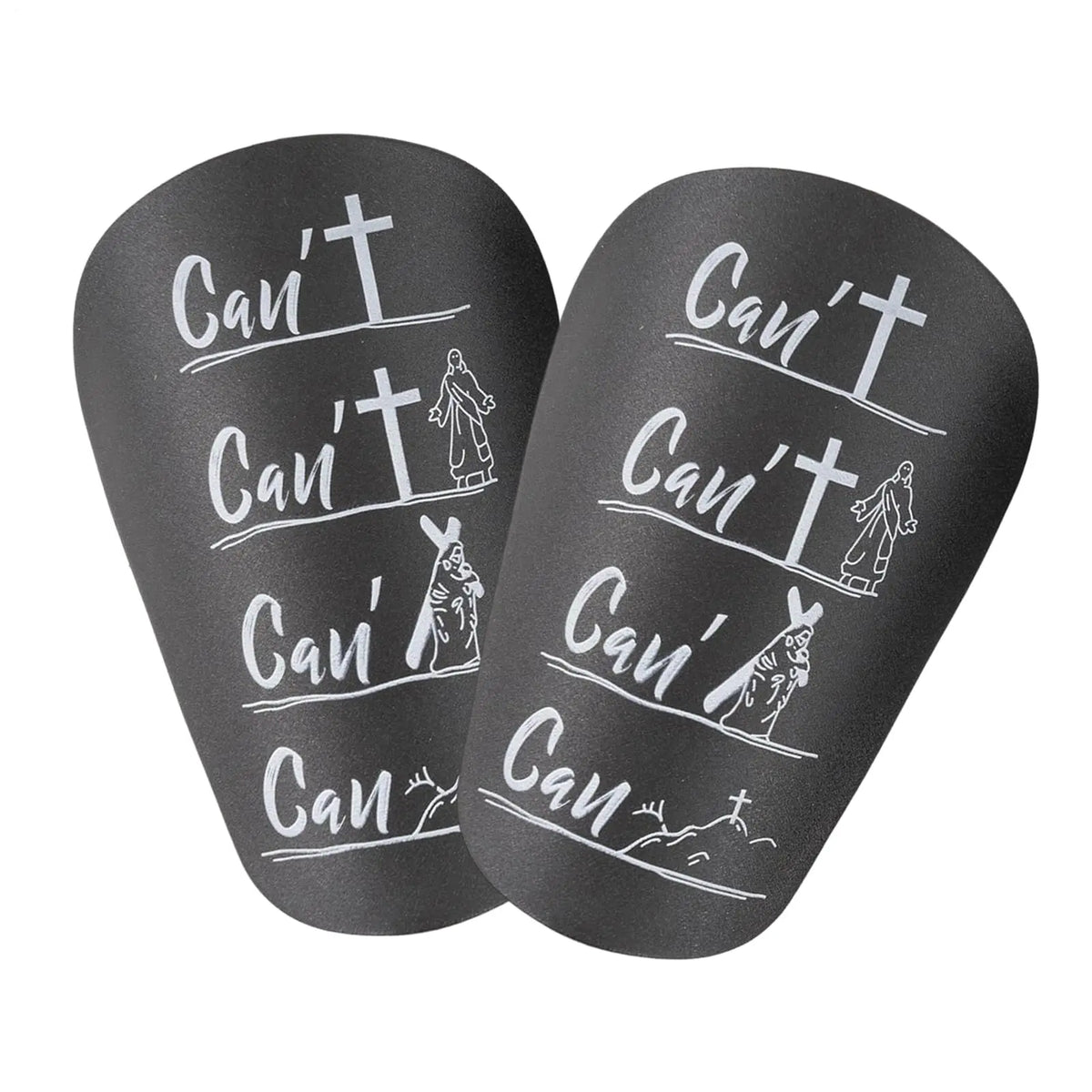Un par de espinilleras de fútbol mini negras con el texto "Can't Can't Can't Can't Can't"