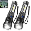 A pair of tactical LED flashlights with zoomable torches and USB charging cables shown against a natural outdoor background.