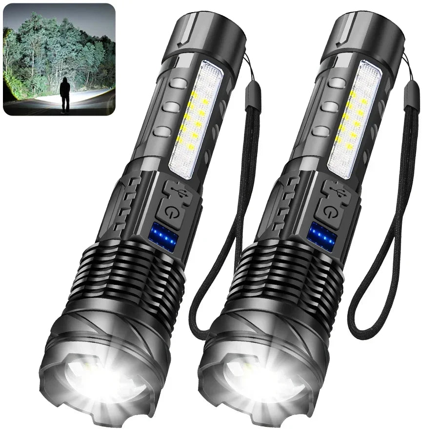 A pair of tactical LED flashlights with zoomable torches and USB charging cables shown against a natural outdoor background.