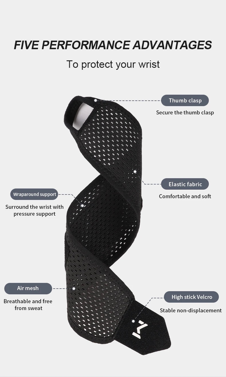 Black adjustable wrist support brace featuring a thumb clasp, elastic fabric, air mesh, and high stick Velcro for protection.