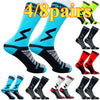 A set of eight pairs of high-quality compression cycling socks in various colors and patterns.