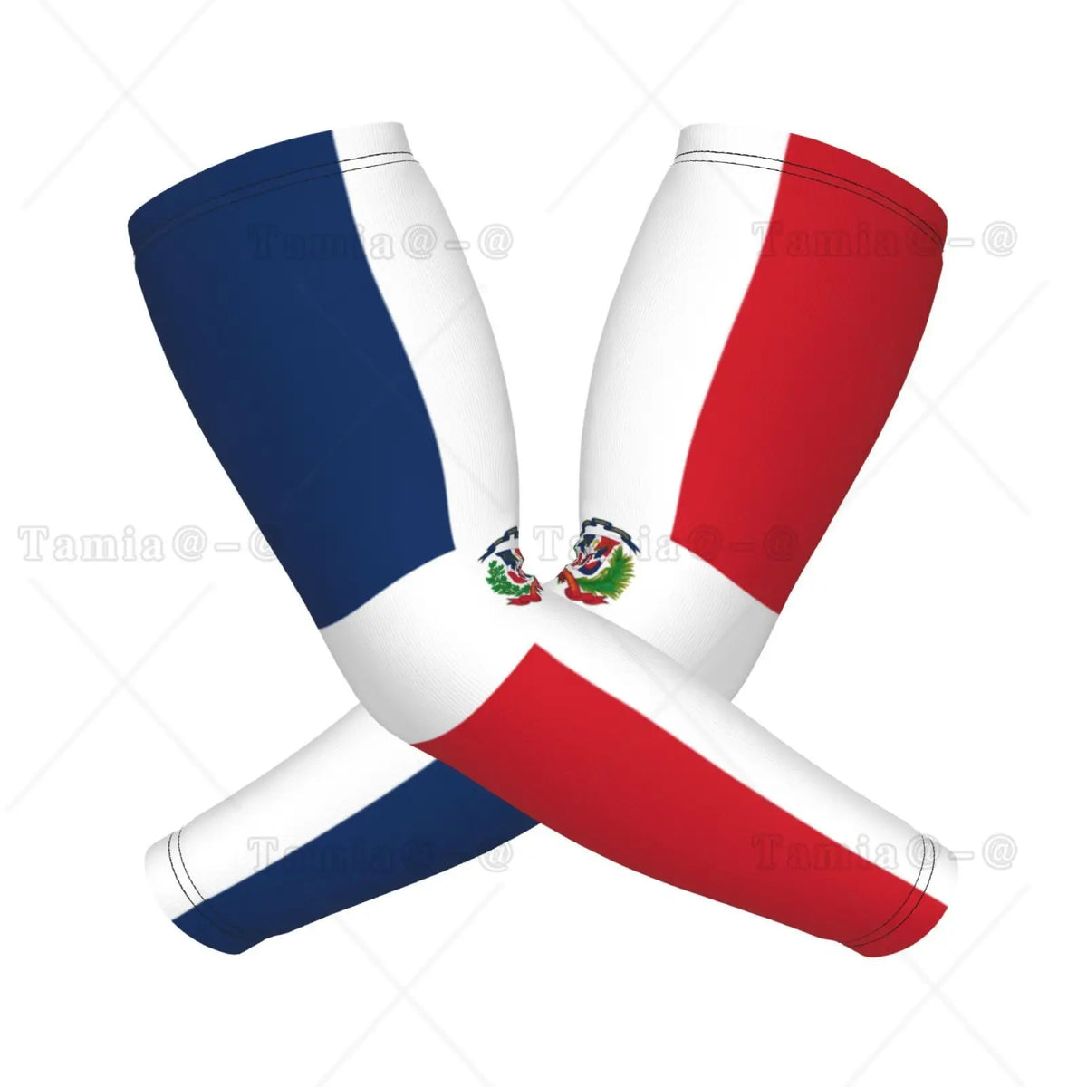 A pair of red, white, and blue UV protection arm sleeves displayed diagonally.