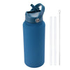 A blue stainless steel vacuum flask water bottle with a hinged lid and an attached metal straw.